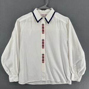 Vintage Hunts Point Button Down Embroidered Long Sleeve Shirt Womens‎ 12 White
